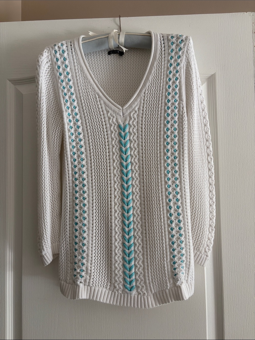 White V-Neck Cable Sweater with Aqua Accent
